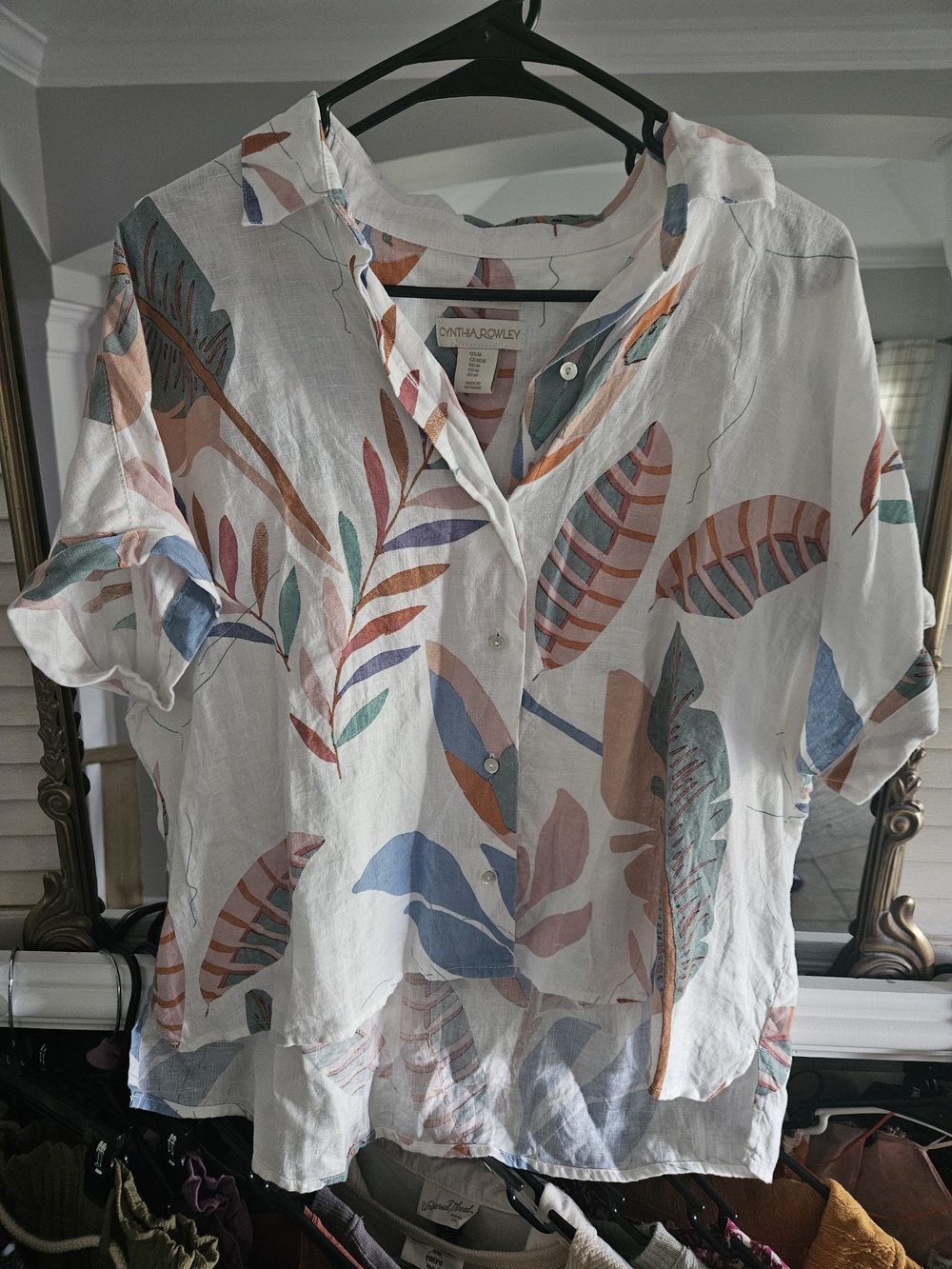 Cynthia Rowley 100% Linen Tropical Leaf Button Front Blouse M